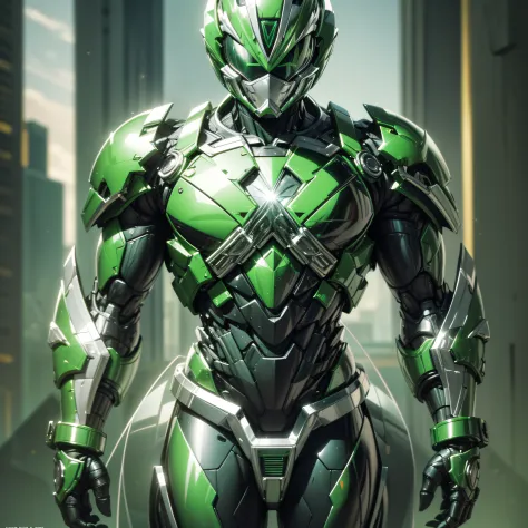 handsome man, made of green metal, (green cyborg: 1.1), (((green power ranger's style helmet with chrome face plate))), ([tail |...