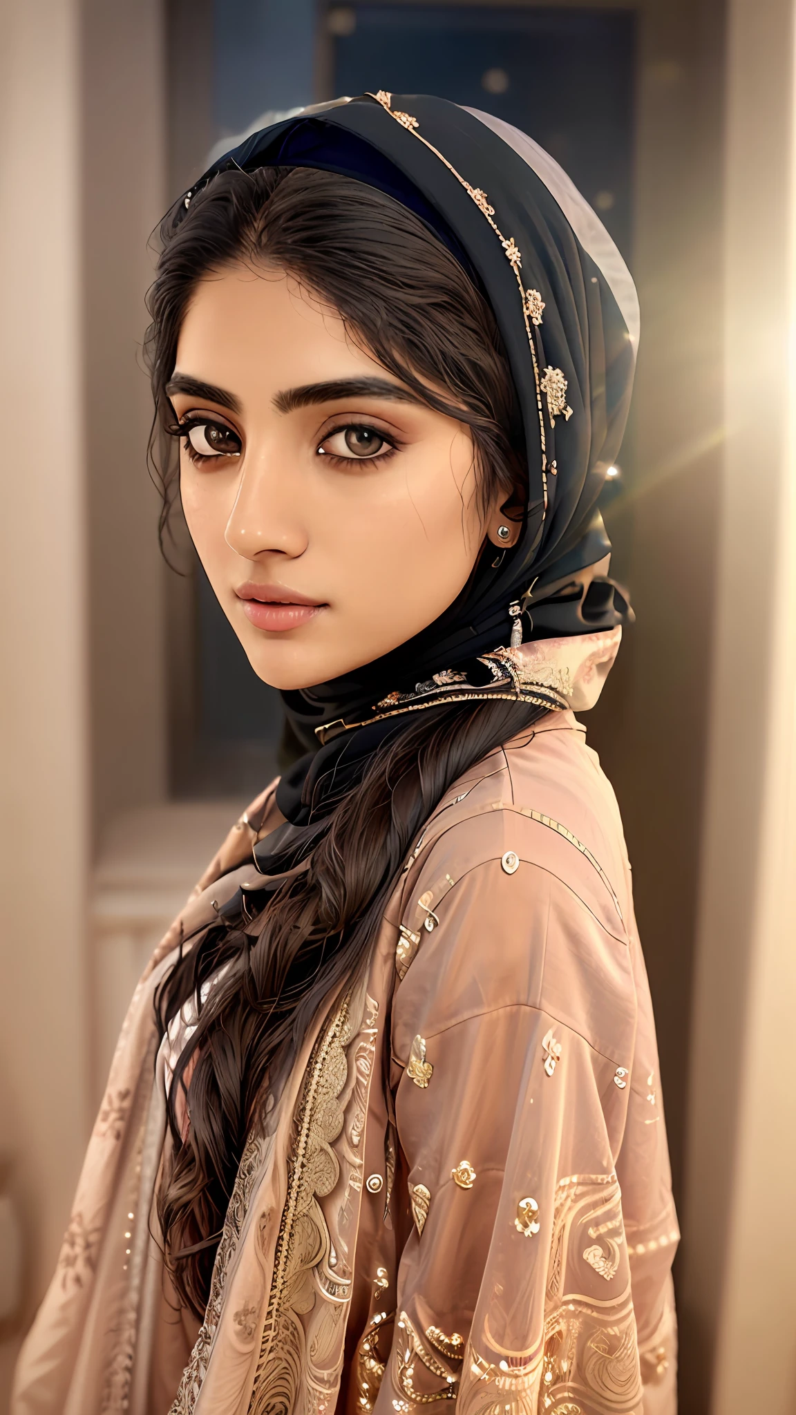 Foto de cuerpo completo de una mezcla de una niña musulmana hijabi , wearing a Bengali style loose casual nighty detallado face , detallado eye ,obra maestra de mejor calidad, Fotorrealista, detallado, 8K, hdr, poca profundidad de campo, luz amplia, alto contraste, contraluz, floración, destellos de luz, aberración cromática, enfoque nítido, Foto en color crudo,