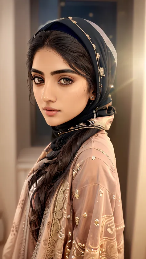 Full body shot photo of a mix of a Muslim hijabi girl , wearing a Bengali style loose casual nighty detailed face , detailed eye...
