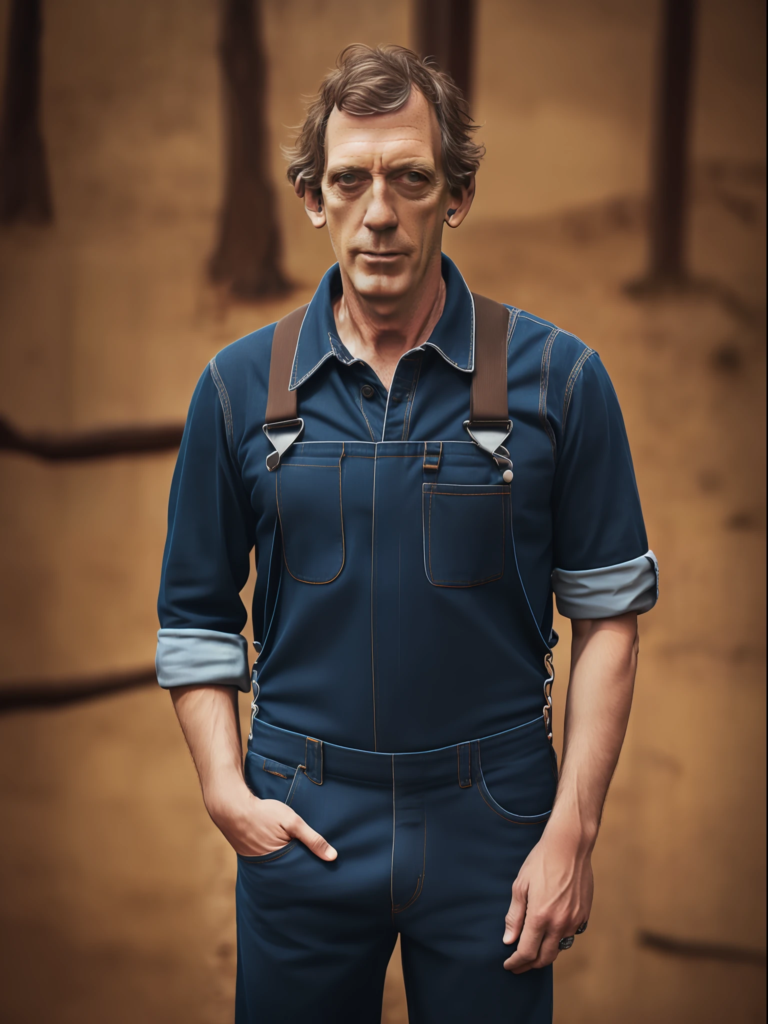 ((Fotoporträt eines Mannes im Trucker-Overall)), (((inspiriert von Hugh Laurie))), zwischen 45 Jahren, Foto von der Hüfte aufwärts aufgenommen. Sehr detailliertes, realistisches Bild, komplizierte Details. UHD, 8k