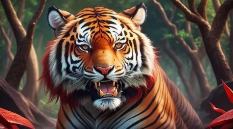 Hyper-realistic sculpture of a Tiger that combines some shades of red and very feloz, made of resin and fiberglass, with synthet...