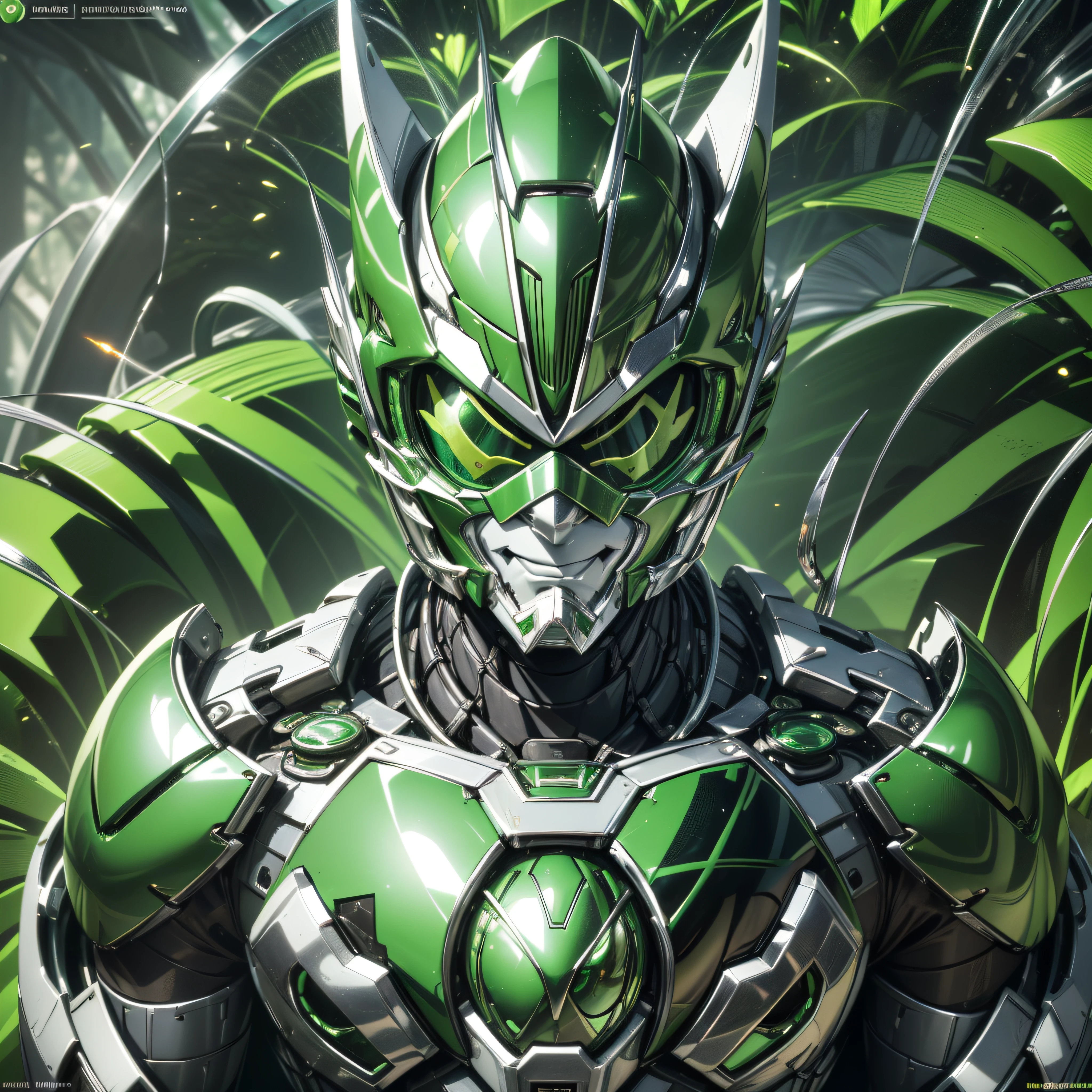 Handsome man, made of Green metal, (Green Cyborg: 1.1), (((Green Power Ranger's style helmet with chrome face plate))), ([Tail | Detail Wire]: 1.3), (Complex Detail), HDR, (Complex Detail, Ultra Detail: 1.2), Jungle Cinematic Shot, Masterpiece, Best Quality, High Resolution, Vaginal Foreign Object Insertion, Centering