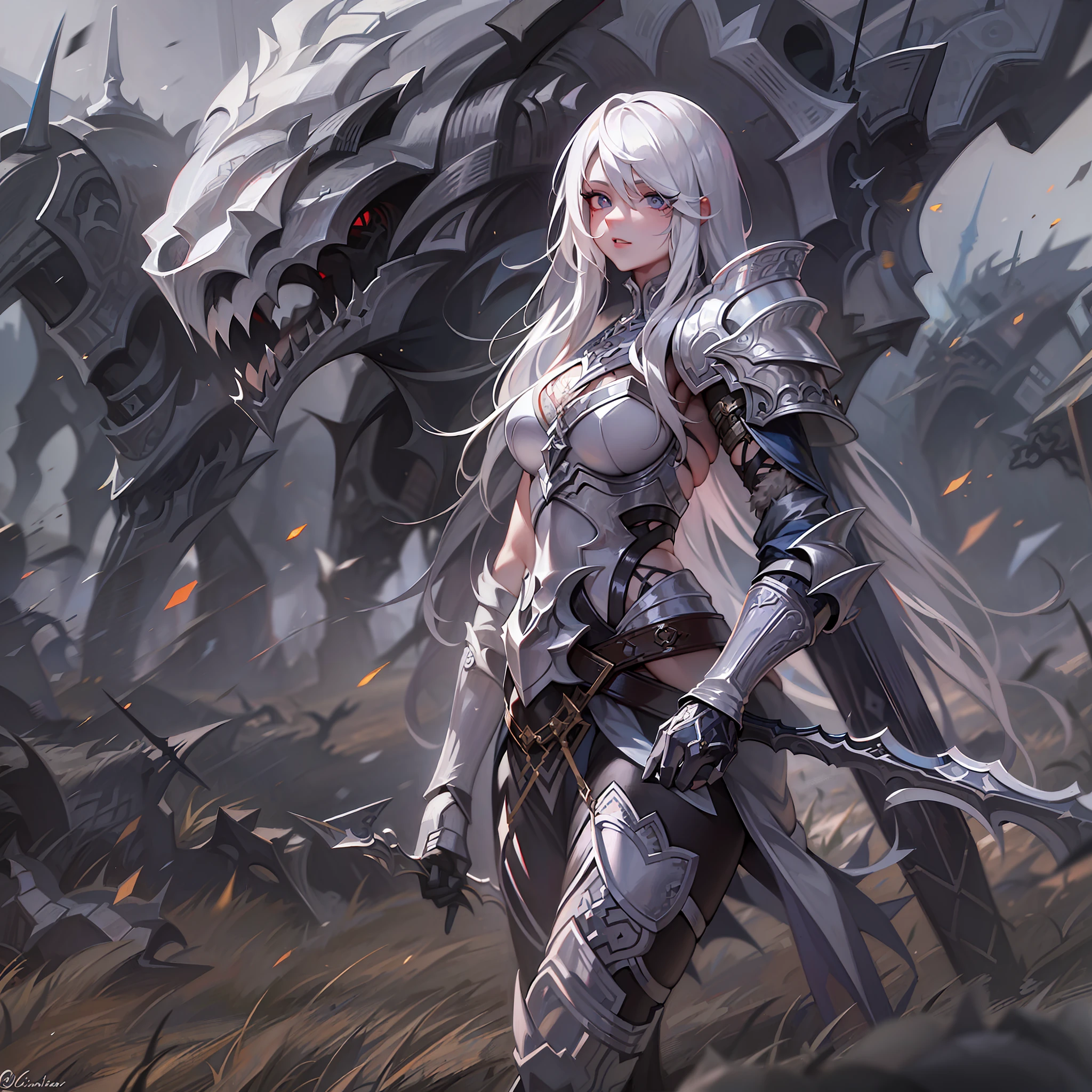 (masterpiece: 1.2), (best quality: 1.2), 4k, perfect eyes, perfect face, long hair, perfect lighting, one girl, emo girl on a battlefield, thin strong body, white armor, emo styled hair, glamorous, elegant armor, scars, fantasy, detailed background