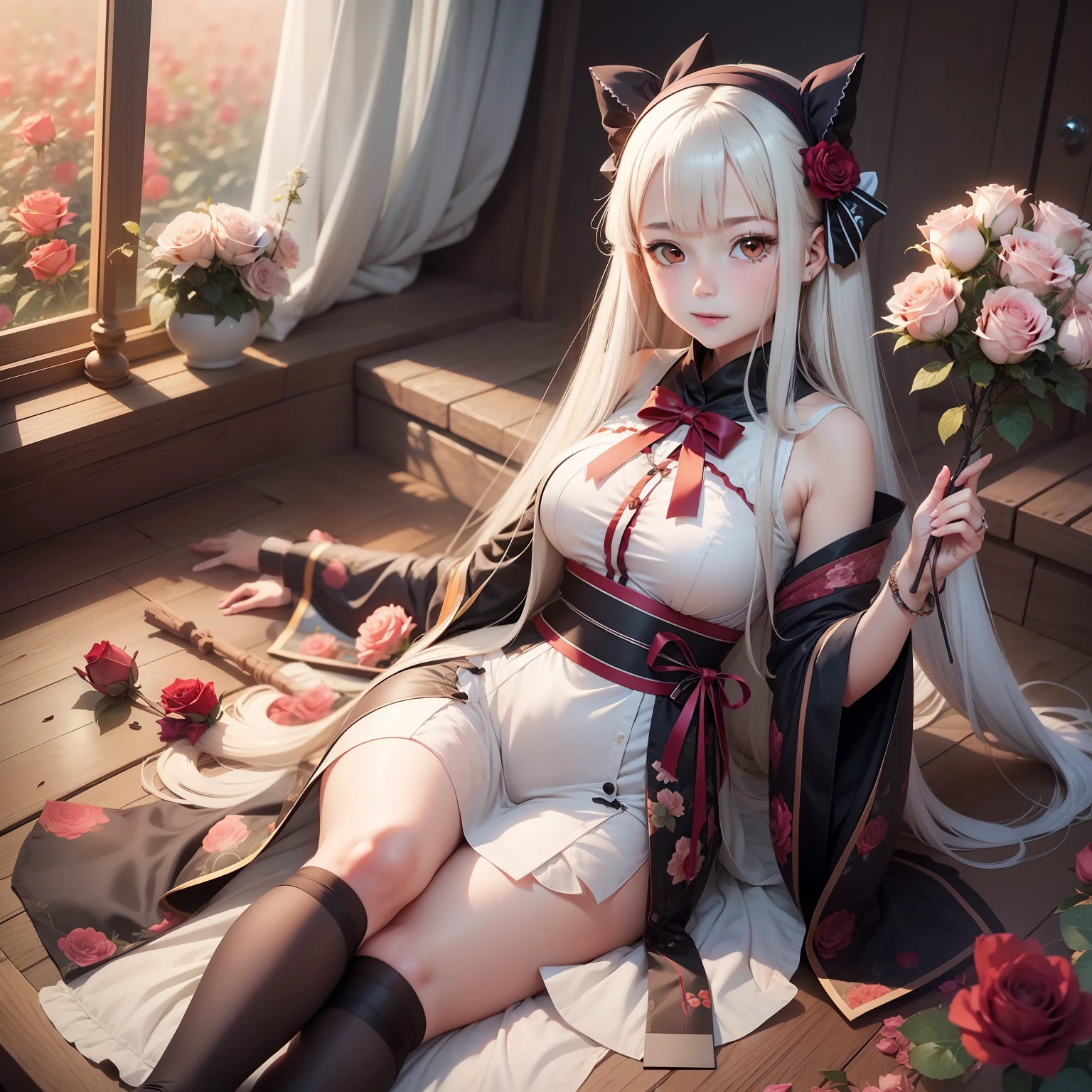 anime girl with long white hair holding a stick and a rose, boobs, full body, anime visual of a cute girl, light novel cover art, shikamimi, fine details. girls frontline, anime cover, marisa kirisame, japanese shoujo manga, from girls frontline, japanese light novel cover, anime visual of a young woman