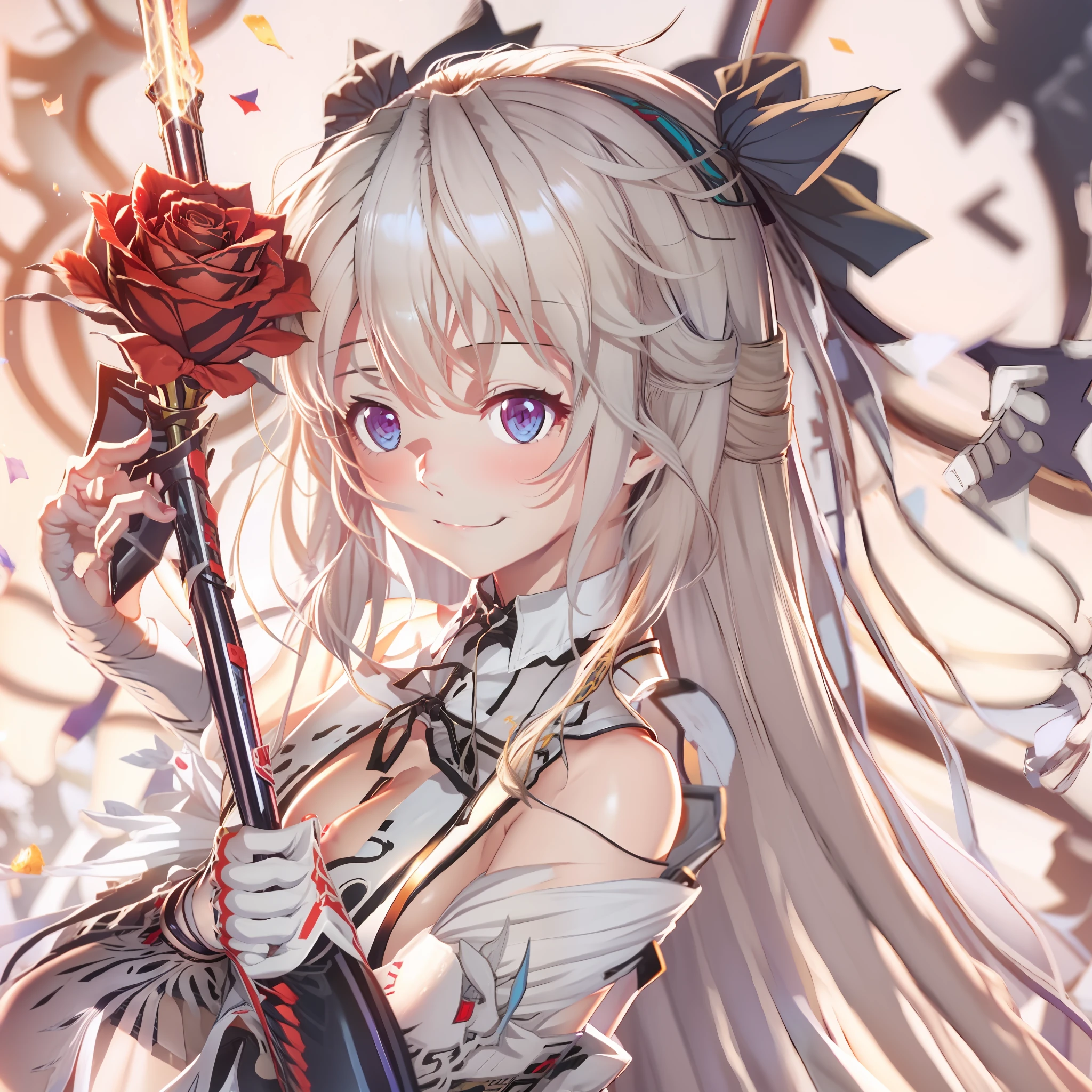 anime girl with long white hair holding a stick and a rose, , full body, anime visual of a cute girl, light novel cover art, shikamimi, fine details. girls frontline, anime cover, marisa kirisame, japanese shoujo manga, from girls frontline, japanese light novel cover, anime visual of a young woman