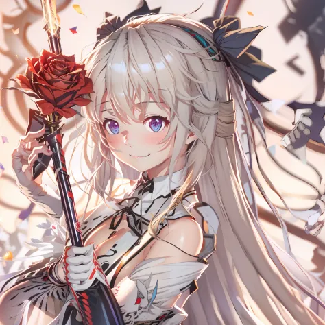 anime girl with long white hair holding a stick and a rose, boobs, full body, anime visual of a cute girl, light novel cover art...