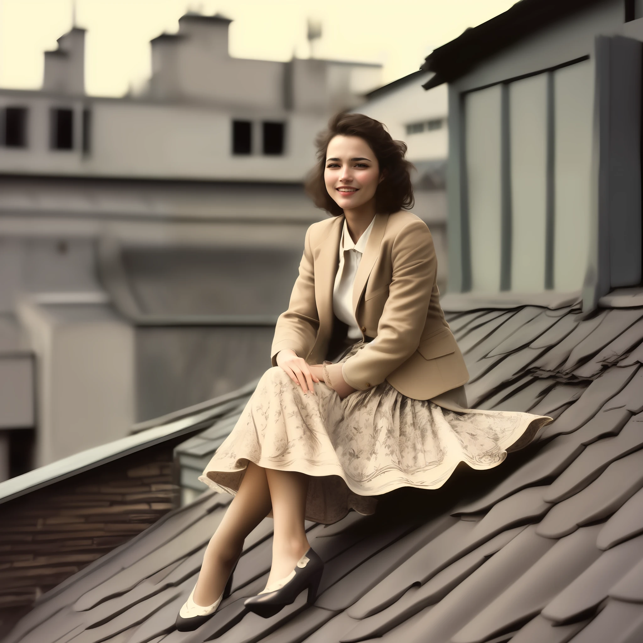 (schüchtern lächelnd) woman sitting on a roof outside Und playing mit her skirt Und spreading her skirt all over the roof, authentisch (kind Und tender) good woman wearing a short blazer mit a very very detailed (lang (voll plissiert) Tellerrock) Und (einfach) Büroschuhe mit niedrigem Absatz, very very kompliziert hyper-detailed symmetric (attractive graceful young feminin face) mit (traurig, tired eyes Und a shy smile), full of empathy Und compassion Und love, (ausgesprochen (feminin) Merkmale), (hochdetailliert ultrapräzise realistisch) hUnds Und fingers, (windy conditions Und wind blowing), epische Komposition, hochdetaillierte Attribute, hochdetaillierte Atmosphäre, (35mm f1.4 Kodak Portra 400 Fotos), RAW-Fotografie in extrem hoher Qualität, detaillierter Hintergrund, kompliziert, Exquisite details Und textures,