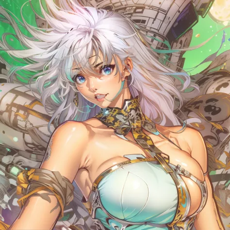 a close up of a woman in a dress with a large breast, full color manga cover, style of masamune shirow, manga comic book cover, by Masamune Shirow, white haired deity, inspired by Masamune Shirow, doujin, japanese comic book, full color manga visual style,...