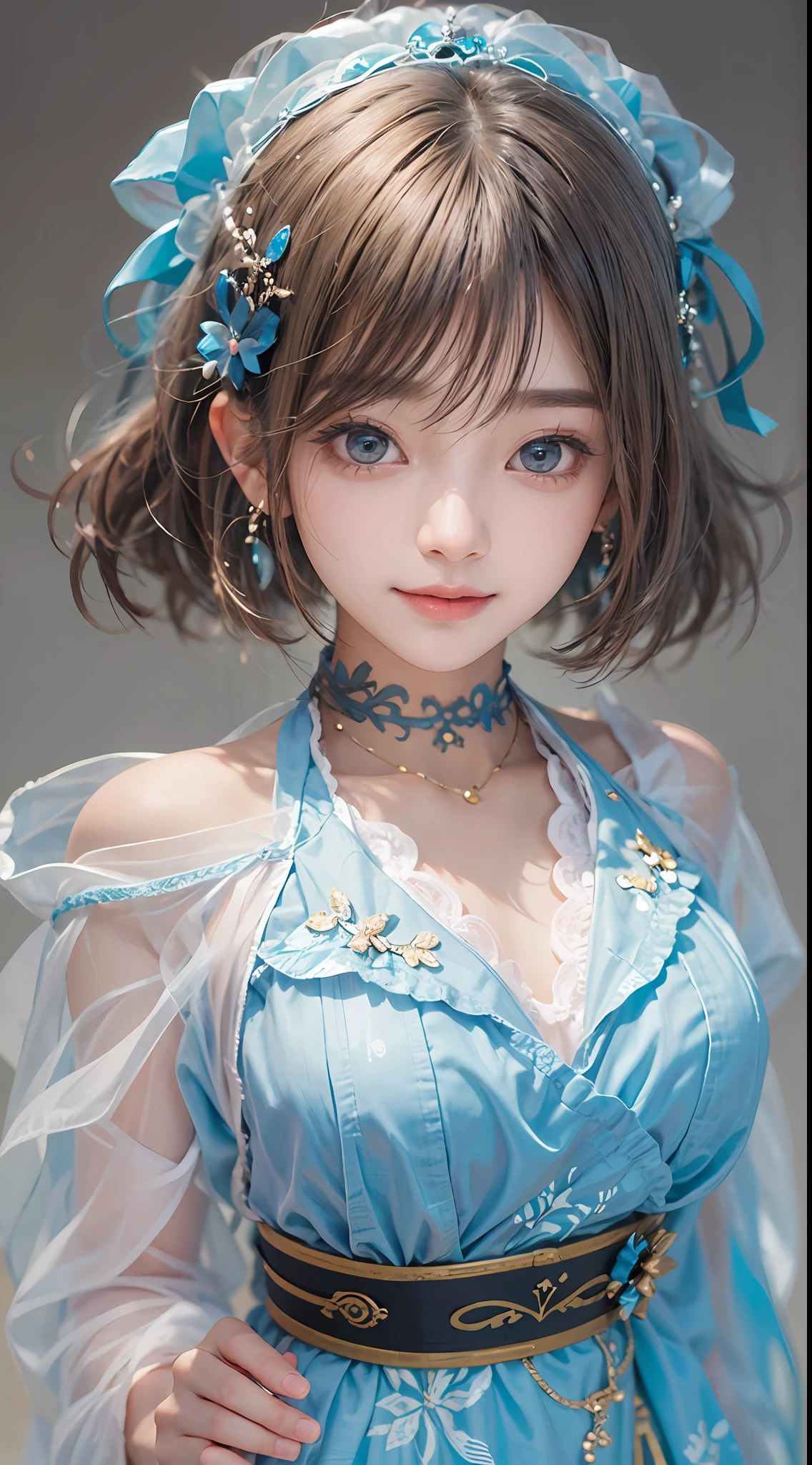 ​masterpiece, 1 beautiful girl, A detailed eye, Swollen eyes, top-quality, 超A high resolution, (reality: 1.4), Movie Lighting, japanes, Trendy Korean Cosmetics、a asian beauty, very extremely beautiful, Beautiful skins, A slender, Forward-facing body, (A hyper-realistic), (hight resolution), (8k), (ighly detailed), ( Best Illustration), (beautifully detailed eyes), (Ultra-detail), (wall-paper), Detailed face, Bright lighting, Professional Lighting, looking at the viewers, Facing straight ahead、short-hair、Neat and clean clothing、background slightly blurred、hair color is black、Hair color is partially bright blue、Japanese high school  girl、School Uniforms、Amazing smile、eye color is brown、