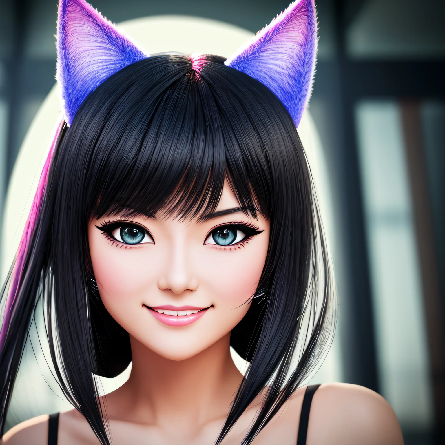 black hair, hair bobbles, wince, longeyelashes, solid circle eyes, fake animal ears, light smile, ear blush, fang, Surrealism, drop shadow, anaglyph, stereogram, tachi-e, pov, atmospheric perspective, 8k, super detail, ccurate, best quality --auto