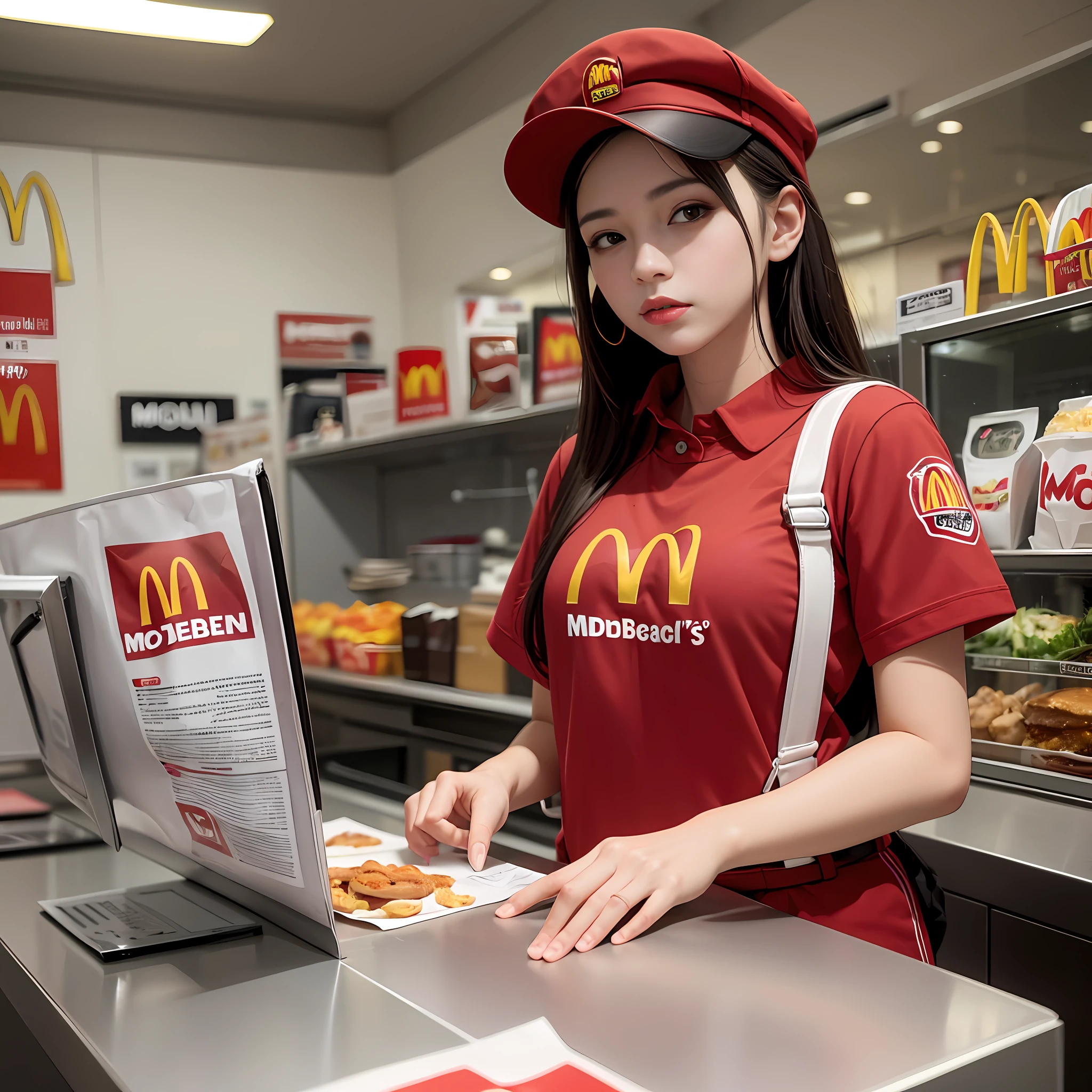 穿着麦当劳制服的墨西哥年轻女子, (红衬衫半解扣), (低腰黑色裤子), 带有麦当劳徽标的红色帽子, 站在麦当劳柜台后面, 下胸部,