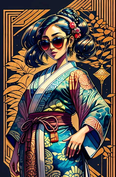 "Full body, water colors, ink drawing, beautiful cyberpunk Indonesian woman, kimono batik patterns, wearing smart digital sungla...