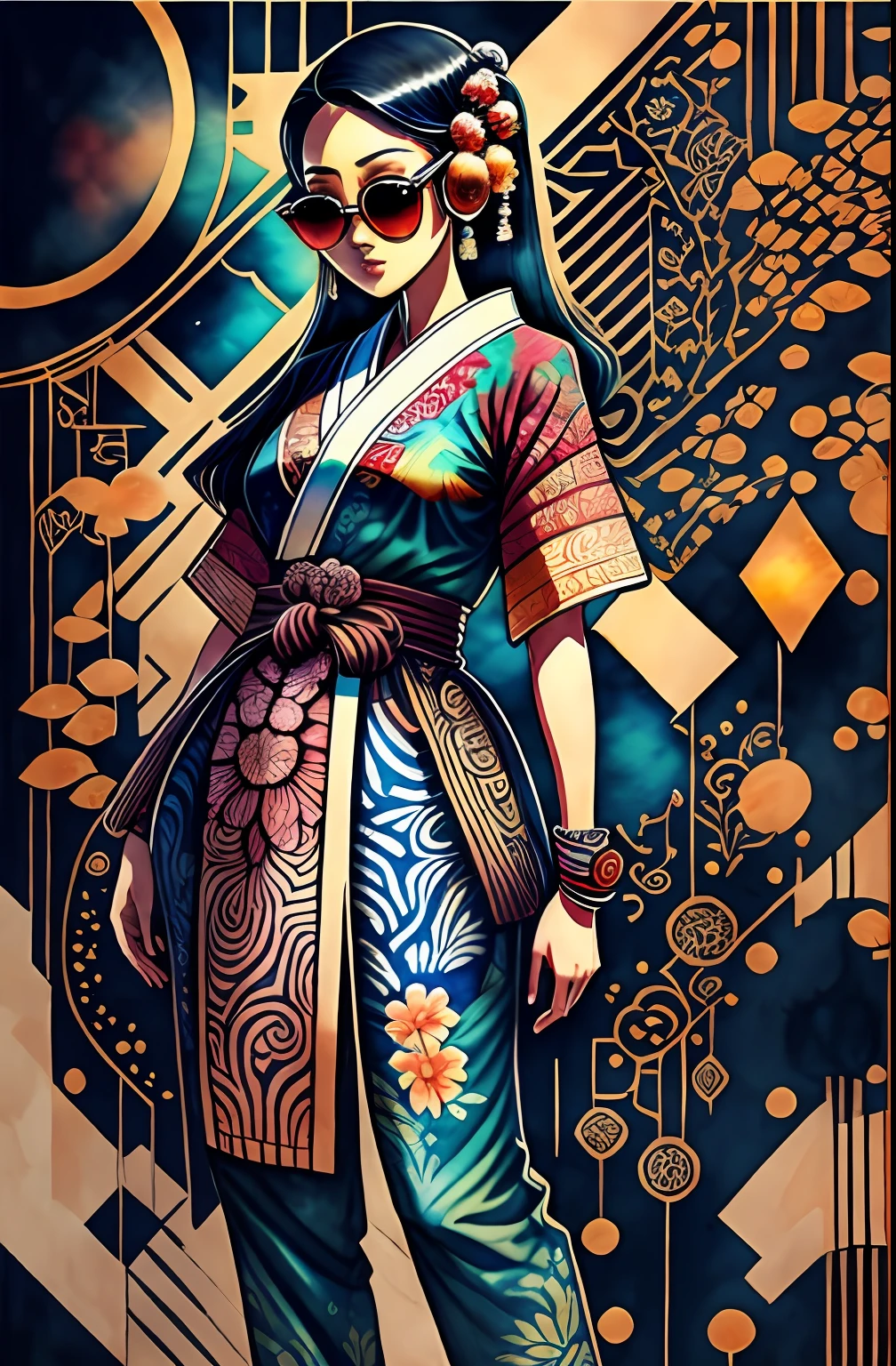 "corpo todo, cores de água, desenho a tinta, mulher indonésia cyberpunk bonita, padrões de quimono batik, usando óculos de sol digitais inteligentes, Fundo Batik indonésio, no estilo da cultura Batik da Indonésia, Arte Indonésia