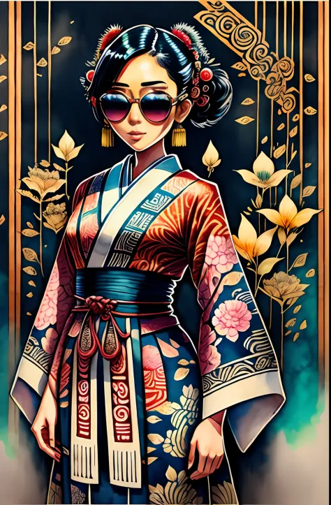 "Full body, water colors, ink drawing, beautiful cyberpunk Indonesian woman, kimono batik patterns, wearing smart digital sungla...