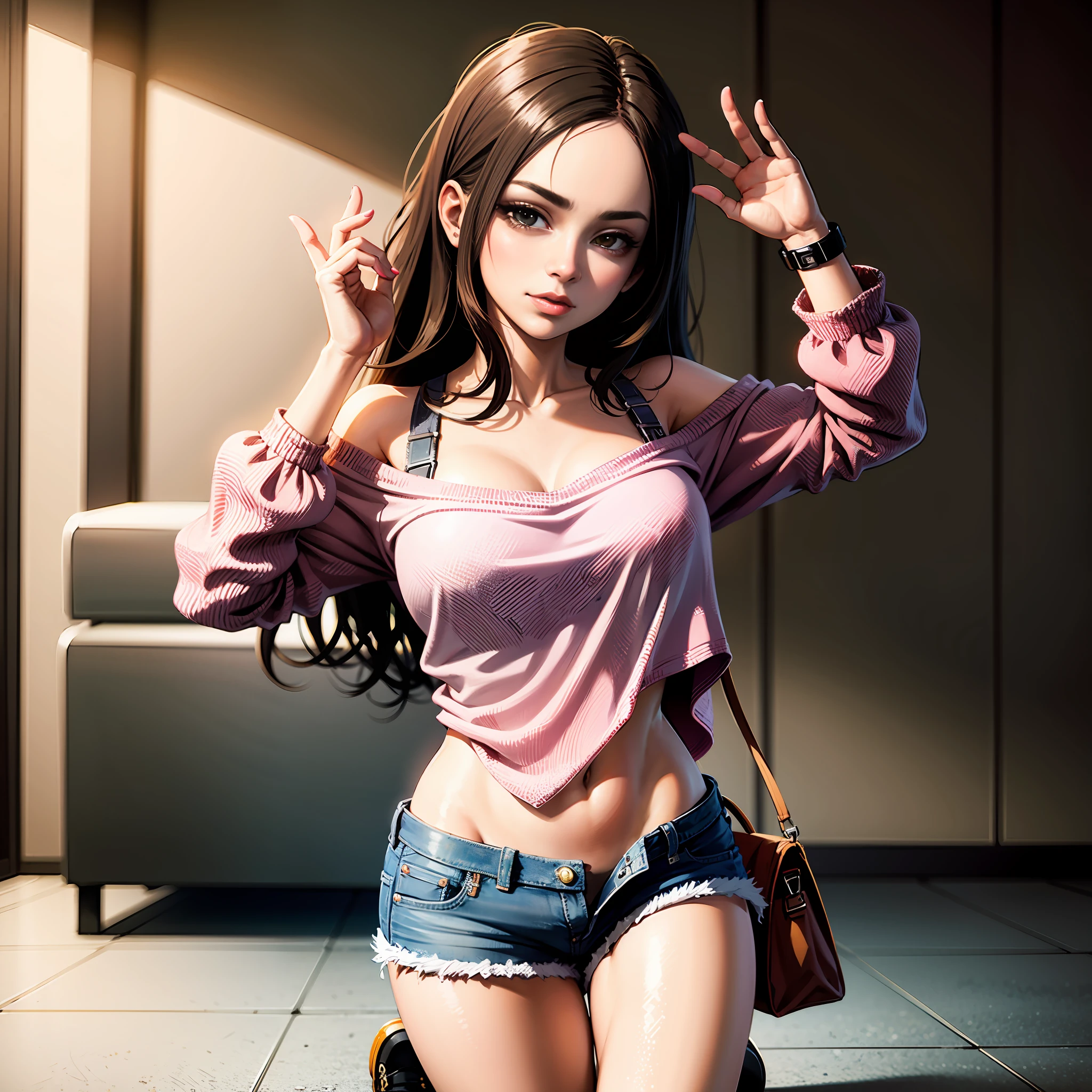 There's a woman posing in a pink shirt and jean shorts., menina anime sedutora, Menina anime na vida real, Anime Garota Cosplay, anime hiper realista, Estilo anime 3D realista, trending at cgstation, mulher bonita sedutora do anime, corpo perfeito fotorrealista, Pose casual, cosplay realista, anime fotorrealista, menina anime atraente, aluna hiperrealista