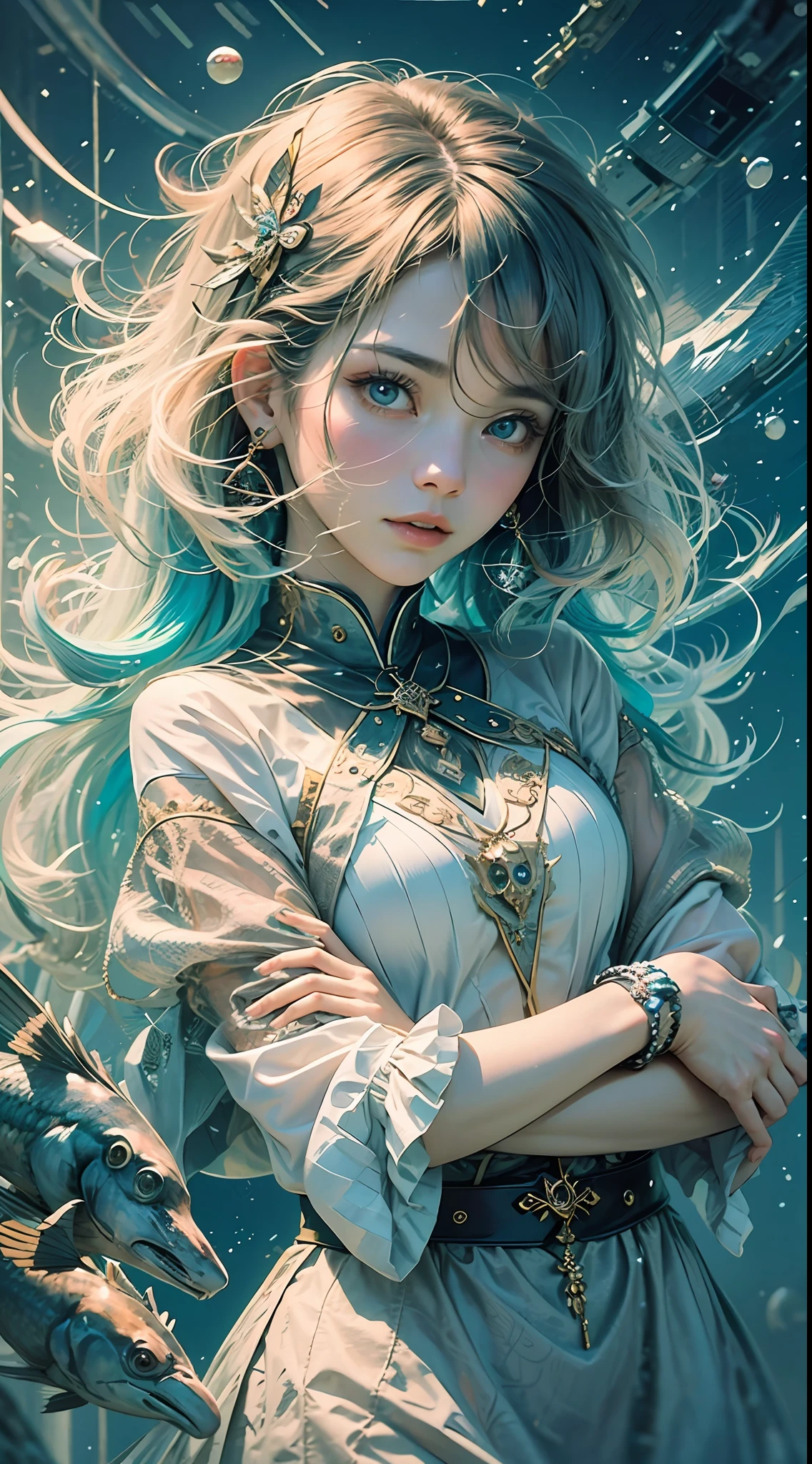 Anime girl with blue hair and a white dress with a dragon - SeaArt AI