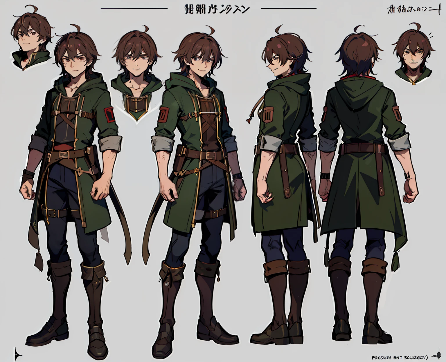 1man, reference sheet, matching outfit, (fantasy character sheet, front, back, left, right) sly, smile, evil, Shady Man. Typical rogue or troublemaker appearance. Unkempt hair, rough clothing, sly expression. Often wears a hood or hat to conceal face, adding to mysterious demeanor. (masterpiece:1.2), (best quality:1.3).