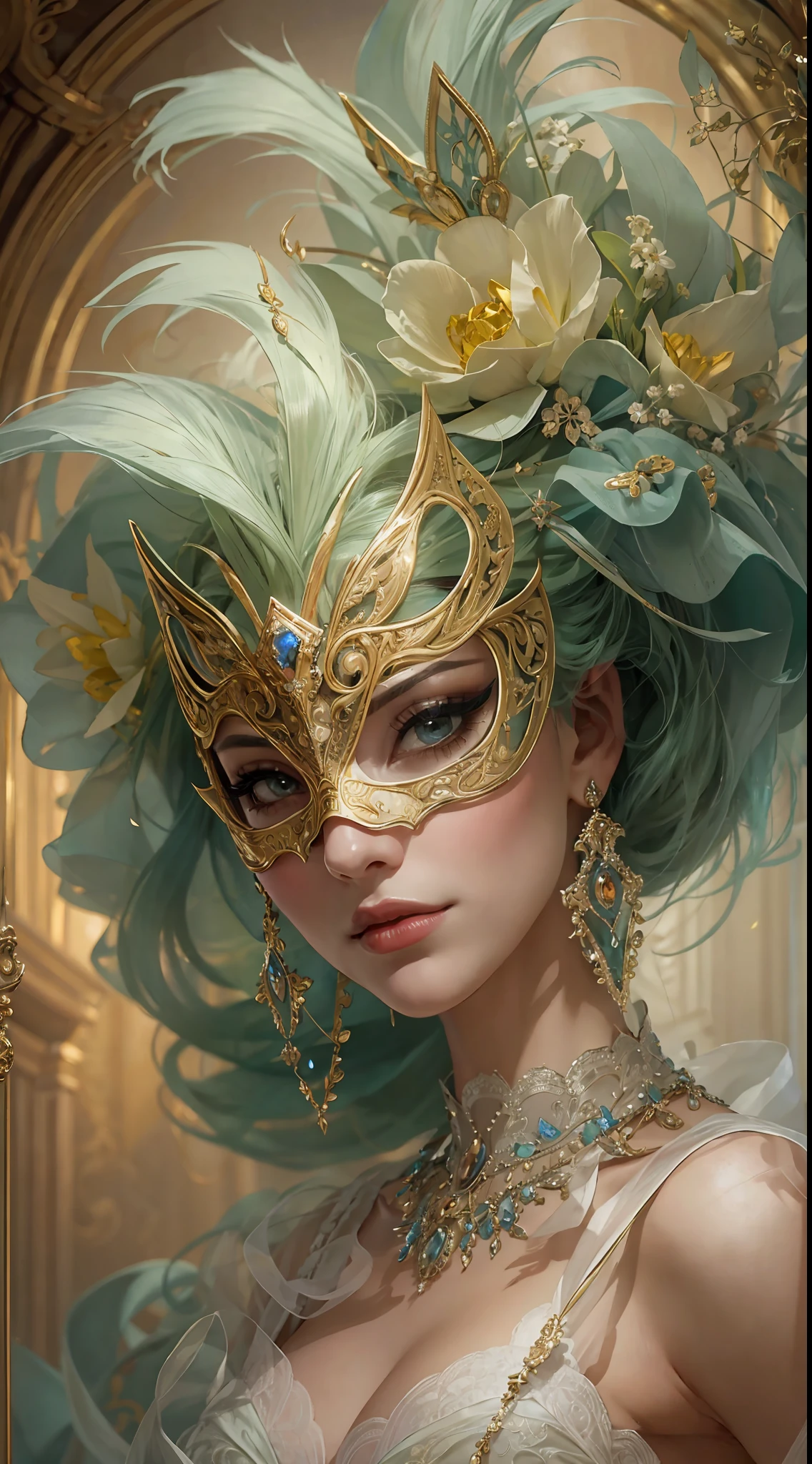 สร้างความภาคภูมิใจ, beautiful woman from the 18th century wearing a stunning and ซับซ้อนly detailed silk ballgown adorned with lace and jewels. She is in the midst of an สง่างาม masquerade ball and surrounded by music, การตกแต่งแบบรอยัล, และรายละเอียดราคาแพง. ((ผู้หญิงคนนั้นถือหน้ากากสวมหน้ากากที่ประณีตและหรูหราซึ่งได้รับแรงบันดาลใจจากเทพนิยายแฟนตาซี.)) Her face is ซับซ้อนly detailed and realistic with puffy lips and a big mouth. สำคัญ: ดวงตาของเธอมีความสําคัญและสวยงาม, ด้วยรายละเอียดที่สมจริงมากมาย, การแรเงาที่สมจริง, และหลายสีและเฉดสี. ฉากนี้เป็นลูกบอลมาสเคอเรดที่สวยงาม, โดยที่ขุนนาง, ชาวโซเชียล, และแขกลึกลับจากดินแดนอันไกลโพ้นมารวมตัวกันในค่ําคืนที่น่าจดจํา. ตั้งแต่หน้ากากเวนิสไปจนถึงการสร้างสรรค์ขนนกที่ประณีต, การปลอมตัวของแขกแต่ละคนสะท้อนให้เห็นถึงบุคลิกที่เป็นเอกลักษณ์และความปรารถนาที่ไม่ได้พูด. เมื่อช่วงเย็นที่ผ่านมา, หน้ากากกลายเป็นทั้งสัญลักษณ์ของการปกปิดและการเปิดเผย, อนุญาตให้ผู้เข้าร่วมเปิดเผยส่วนของตัวเองที่พวกเขาอาจจะซ่อนไว้. ดื่มด่ํากับเสน่ห์ของลูกบอลสวมหน้ากากในศตวรรษที่ 19 นี้, ที่ซึ่งความสง่างามของยุคอดีตและความลึกลับของหน้ากากรวมกันเพื่อสร้างประสบการณ์ที่มีเสน่ห์ที่จะคงอยู่ในใจคุณตลอดไป. ใช้องค์ประกอบแบบไดนามิกเพื่อดึงดูดความสนใจของผู้ชม. (((ผลงานชิ้นเอก))), ซับซ้อน, สง่างาม, มีรายละเอียดสูง, คู่บารมี, การถ่ายภาพดิจิตอล, งานศิลปะโดย Artgerm และ Ruan Jia และ Gregor Rutkowski, (ผลงานชิ้นเอก, ดวงตาที่สวยงามที่มีรายละเอียดประณีต: 1.2), เอชดีอาร์, เนื้อสัมผัสของผิวที่สมจริง, (((ผู้หญิง 1 คน))), (((ตามลำพัง)))