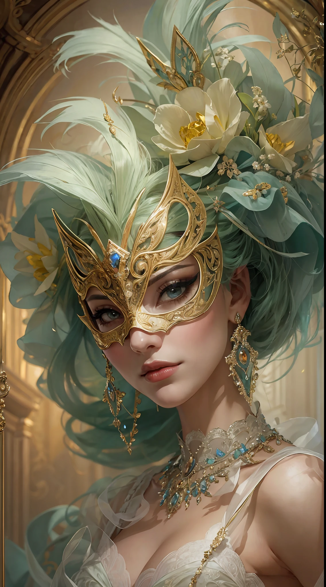 Generate a proud, beautiful woman from the 18th century wearing a stunning and intricately detailed silk ballgown adorned with lace and jewels. She is in the midst of an elegant masquerade ball and surrounded by music, royal decor, and expensive details. ((The woman is holding an exquisite and ornate masquerade mask inspired by fantasy mythology.)) Her face is intricately detailed and realistic with puffy lips and a big mouth. Important: her eyes are important and are beautiful, with many realistic details, realistic shading, and multiple colors and shades. The setting is a magnificent masquerade ball, where aristocrats, socialites, and mysterious guests from far-flung lands gather for an unforgettable evening. From Venetian masks to elaborate feathered creations, each guest's disguise reflects their unique persona and unspoken desires. As the evening progresses, the masks become both a symbol of concealment and revelation, allowing attendees to reveal parts of themselves they might otherwise keep hidden. Immerse yourself in the allure of this 19th-century masquerade ball, where the elegance of a bygone era and the mystery of the masks combine to create an enchanting experience that will linger in your heart forever. Utilize dynamic composition to interest viewers. (((masterpiece))), intricate, elegant, highly detailed, majestic, digital photography, art by artgerm and ruan jia and greg rutkowski, (masterpiece, finely detailed beautiful eyes: 1.2), hdr, realistic skin texture, (((1woman))), (((solo)))