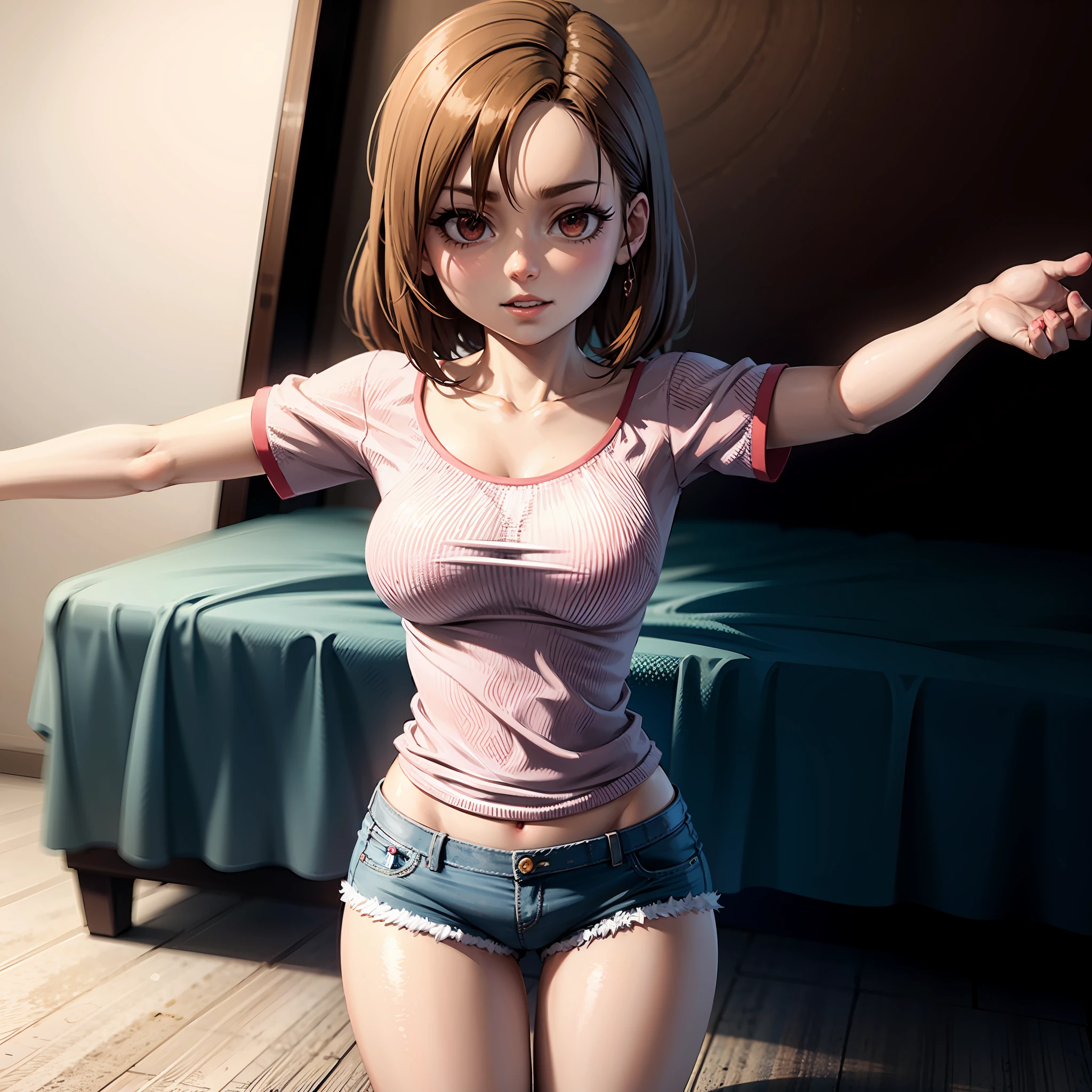 There's a woman posing in a pink shirt and jean shorts., menina anime sedutora, Menina anime na vida real, Anime Garota Cosplay, anime hiper realista, Estilo anime 3D realista, trending at cgstation, mulher bonita sedutora do anime, corpo perfeito fotorrealista, Pose casual, cosplay realista, anime fotorrealista, menina anime atraente, aluna hiperrealista