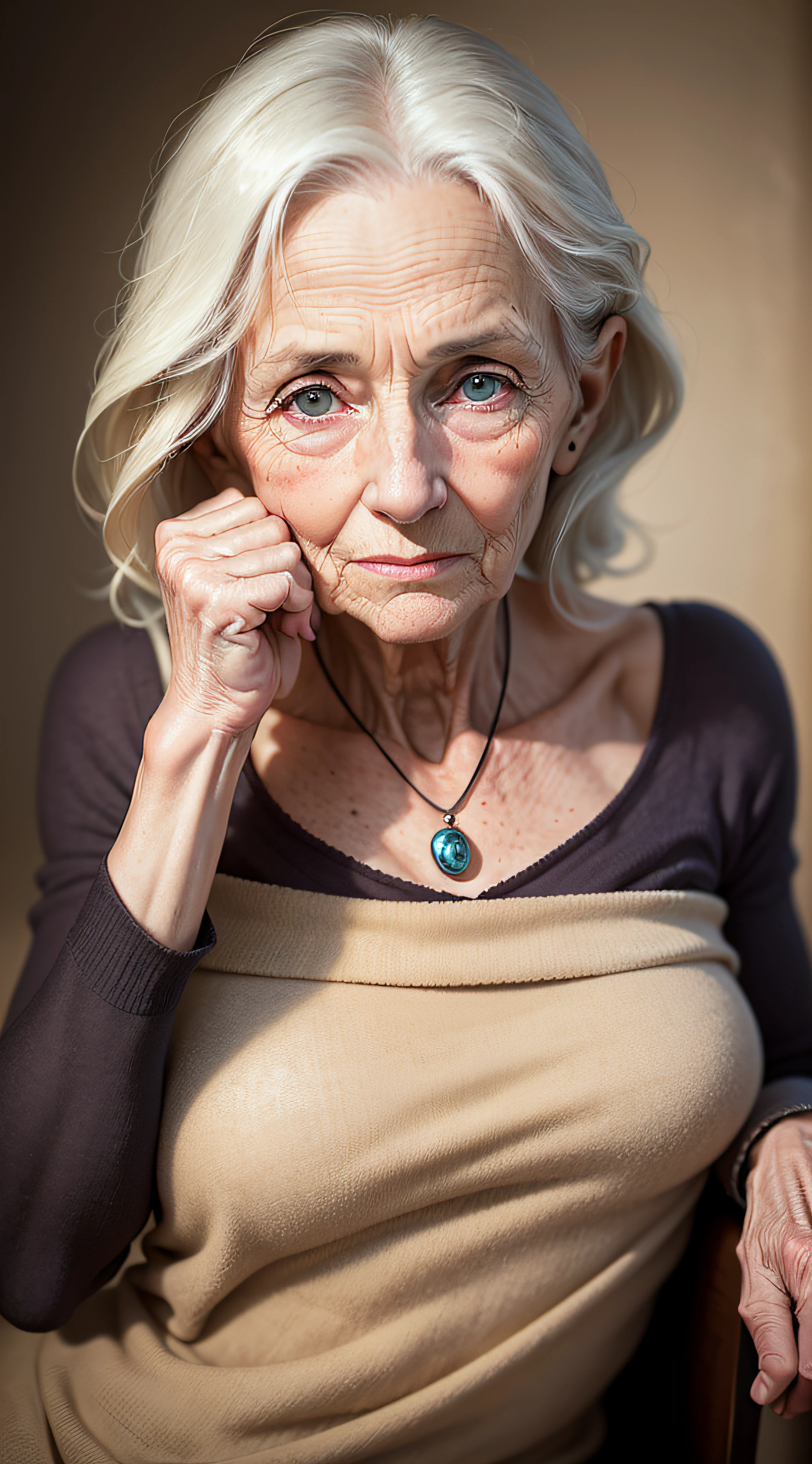 Arafed woman with white hair and blue eyes sitting in a chair - SeaArt AI