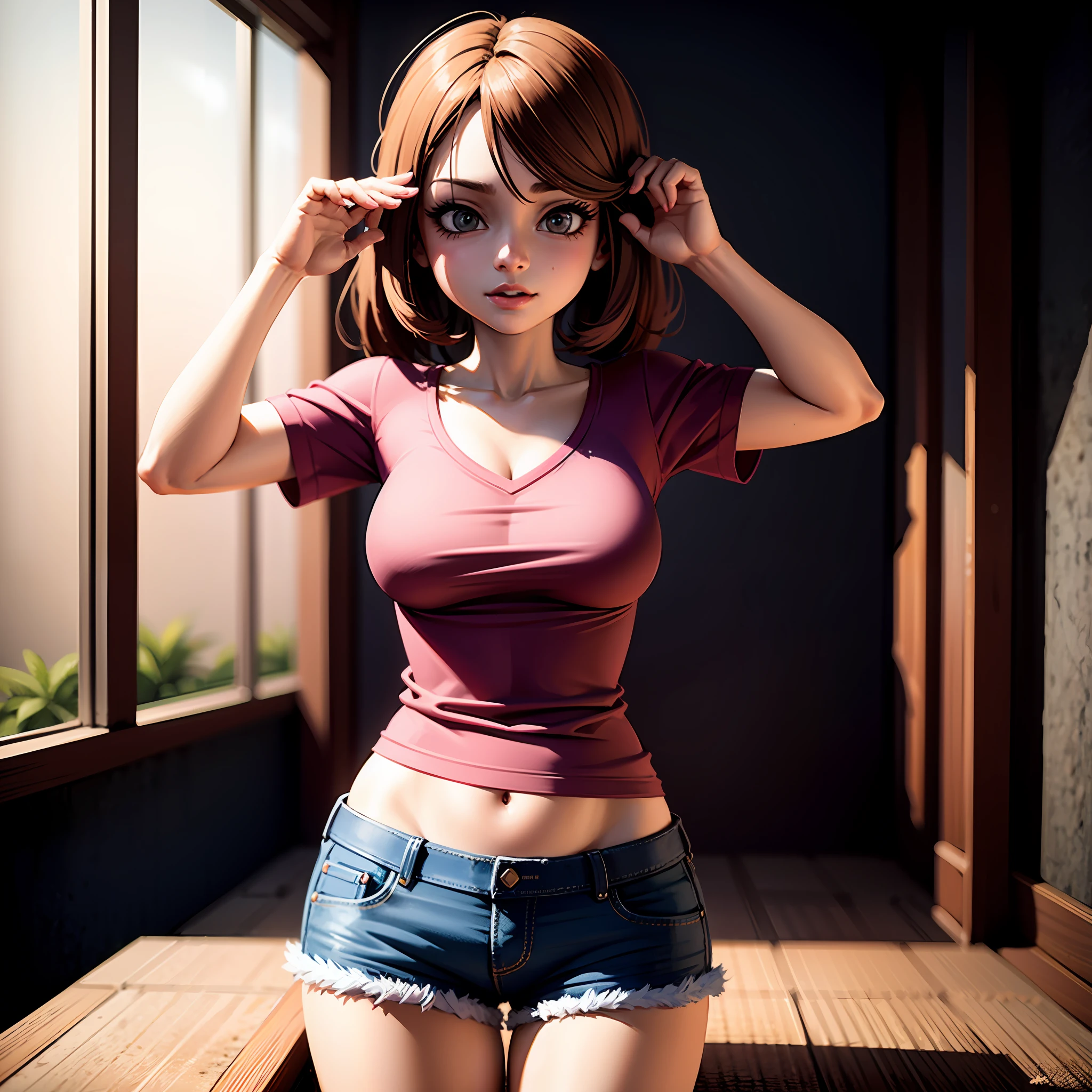 There's a woman posing in a pink shirt and jean shorts., menina anime sedutora, Menina anime na vida real, Anime Garota Cosplay, anime hiper realista, Estilo anime 3D realista, trending at cgstation, mulher bonita sedutora do anime, corpo perfeito fotorrealista, Pose casual, cosplay realista, anime fotorrealista, menina anime atraente, aluna hiperrealista