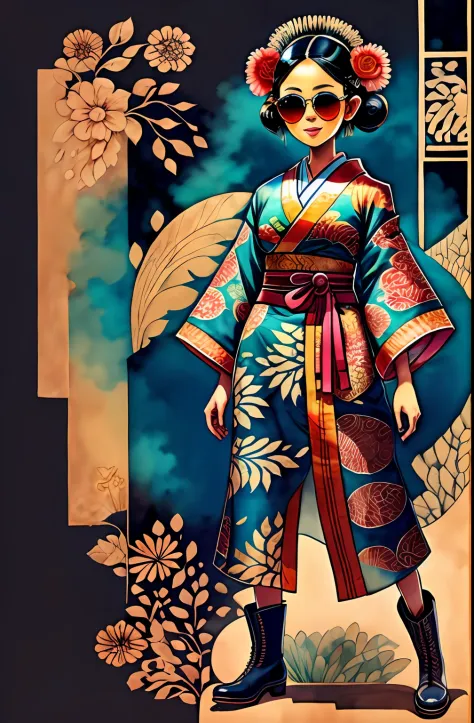 "Full body, water colors, ink drawing, beautiful Indonesian woman, kimono batik patterns, wearing smart digital sunglasses, smar...