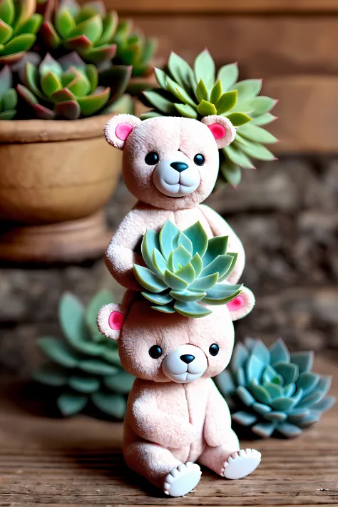 Little baby bear , popmart figure style, super cute, full body, a succulent on it's head