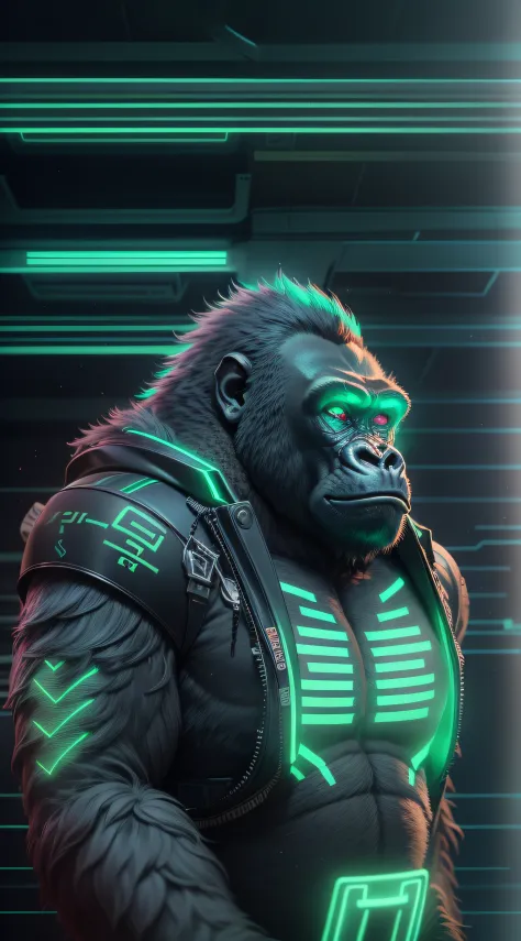 Adult gorilla ultra realistic robot studying in stylish clothes, fundo cinza com leds neons verdes, azuis e vermelhas