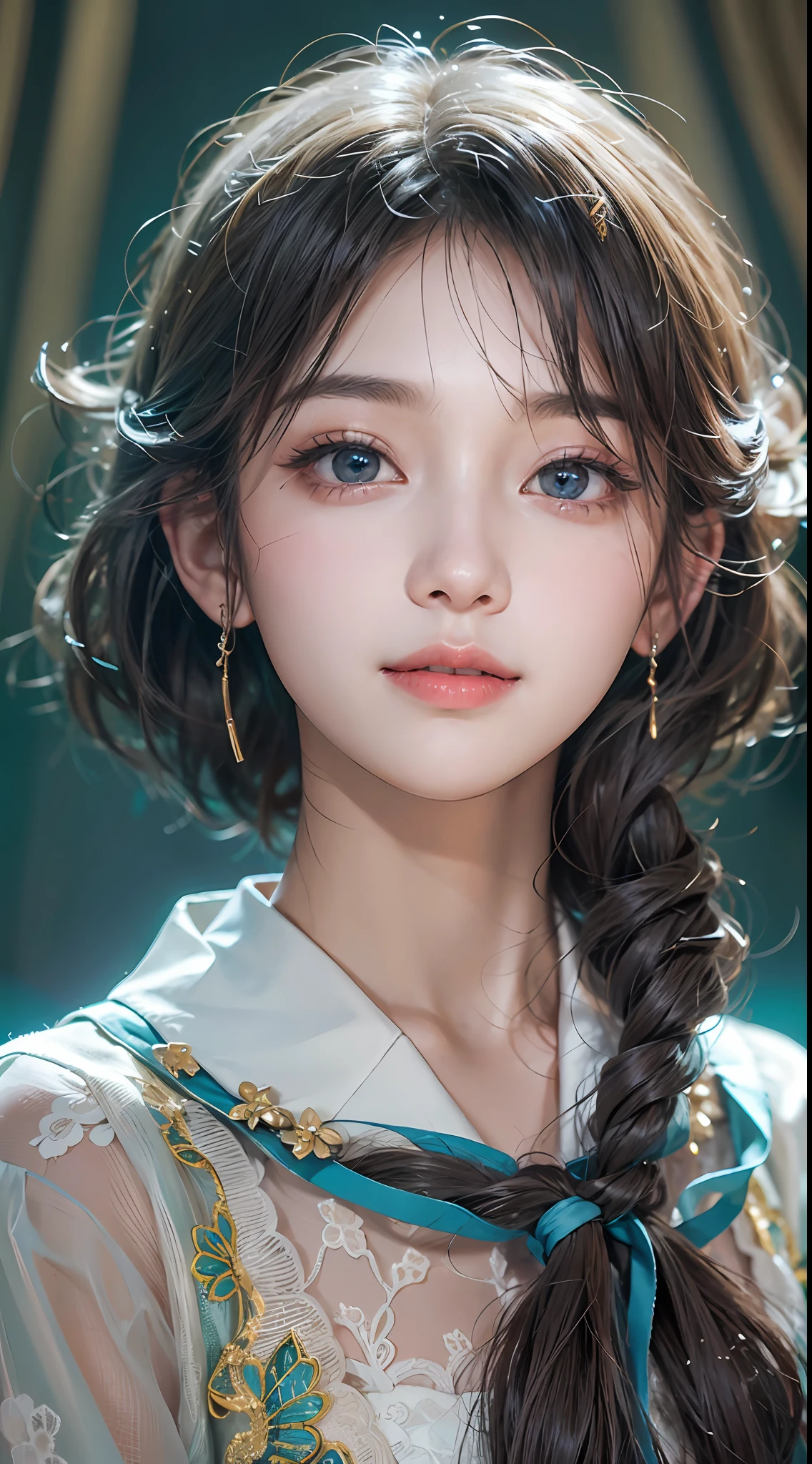 ​masterpiece, 1 beautiful girl, A detailed eye, Swollen eyes, top-quality, 超A high resolution, (reality: 1.4), light, japanes, Trendy Korean Cosmetics、a asian beauty, very extremely beautiful, Beautiful skins, A slender, Forward-facing body, (A hyper-realistic), (hight resolution), (8K), (ighly detailed), ( Best Illustration), (beautifully detailed eyes), (Ultra-detail), (wall-paper), Detailed face, Bright lighting, Professional Lighting, looking at the viewers, Facing straight ahead、short-hair、Neat and clean clothing、background slightly blurred、hair color is black、Hair color is partially bright blue、Japanese high school  girl、School Uniforms、Amazing smile、eye color is brown、