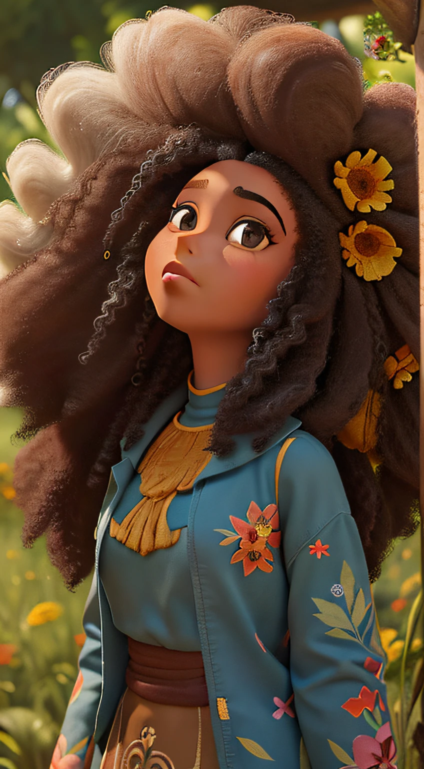 1 garota (((seulement))), ((Fille de 20 ans style Pixar, cheveux longs méga cheveux: 1.2)), (((peau afro_noir: 2.9))), yeux pétillants: 0.9, visage symétrique, visage de modèle, peau marron foncé: 1.9, Des couleurs vives, robe longue à fleurs, marcher parmi les fleurs et le vent, matin d&#39;automne, lever du soleil, détails complexes, Style à mi-parcours, Greg Rutkowski