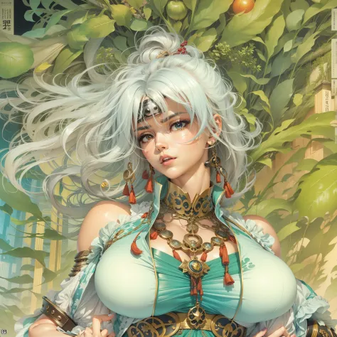 a close up of a woman in a dress with a large breast, full body, full color manga cover, style of masamune shirow, manga comic book cover, by Masamune Shirow, white haired deity, inspired by Masamune Shirow, doujin, japanese comic book, full color manga vi...
