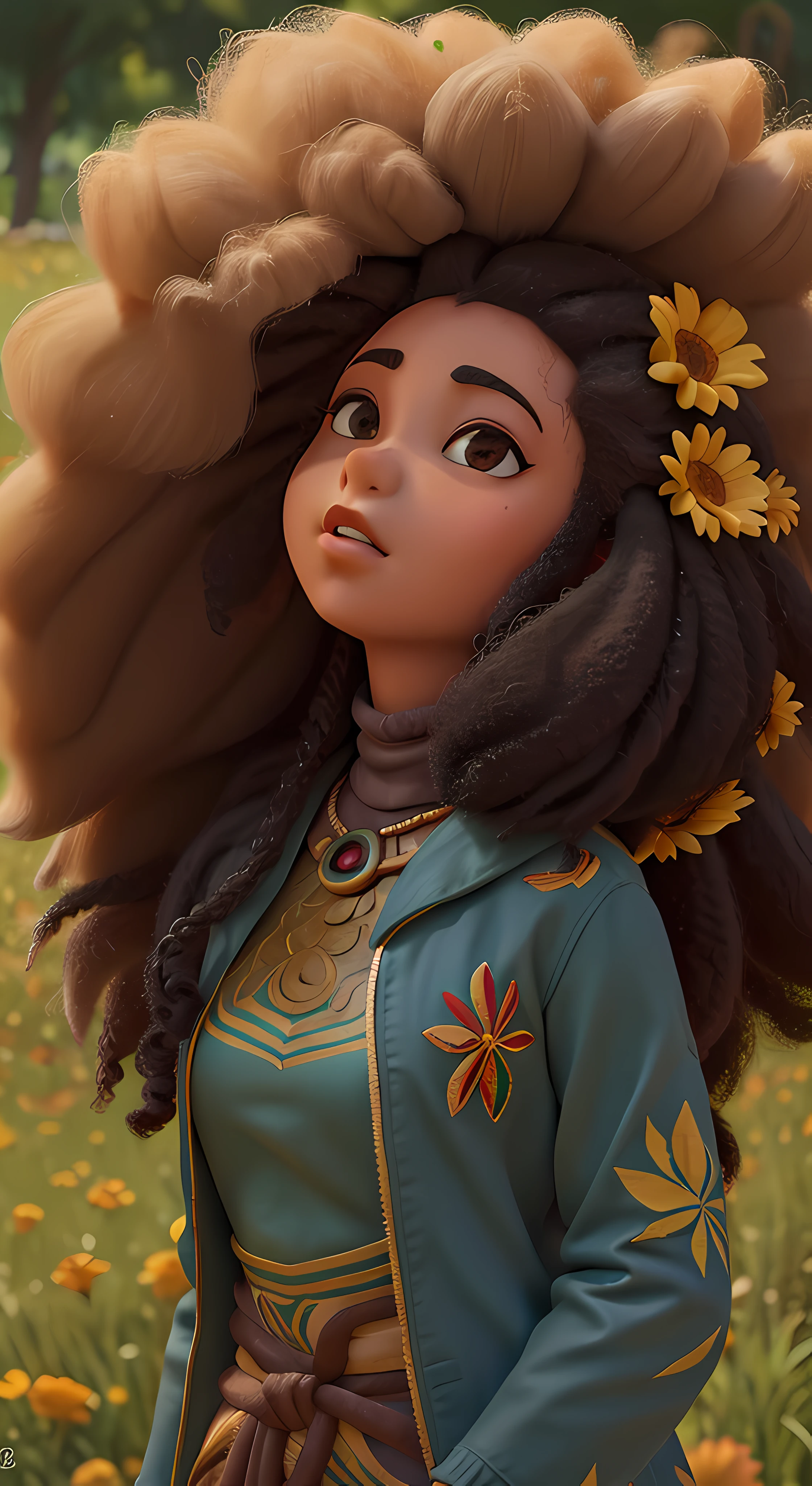 1 garota (((独奏))), ((20 year old girl pixar style, long hair mega hair: 1.2)), (((afro skin_black: 2.9))), flickering eyes: 0.9, symmetrical face, model face, dark brown skin: 1.9, vivid colors, long floral dress, walking among the flowers and the wind, autumn morning, rise sun, details Intricate, estilo midjourney, Greg Rutkowski