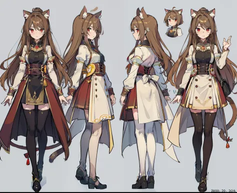 1man, reference sheet, matching outfit, (fantasy character sheet, front, left, right, back) female Neko. Feline features, soft furred ears atop head, tail swaying gracefully behind her. Light brown hair, Mesmerizing set of feline-like red eyes. Hair grown ...