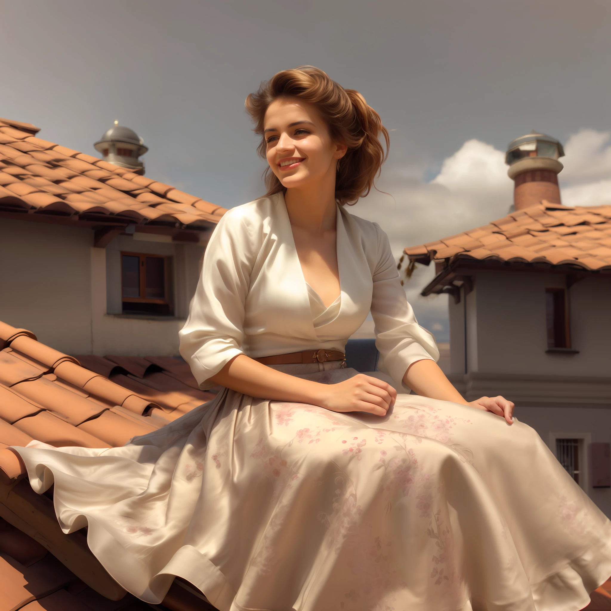 (schüchtern lächelnd) woman sitting on a roof outside Und playing mit her skirt Und spreading her skirt all over the roof, authentisch (kind Und tender) good woman wearing a short blazer mit a very very detailed (lang (voll plissiert) Tellerrock) Und (einfach) Büroschuhe mit niedrigem Absatz, very very kompliziert hyper-detailed symmetric (attractive graceful young feminin face) mit (traurig, tired eyes Und a shy smile), große Brüste, full of empathy Und compassion Und love, (ausgesprochen (feminin) Merkmale), (hochdetailliert ultrapräzise realistisch) hUnds Und fingers, (windy conditions Und wind blowing), epische Komposition, hochdetaillierte Attribute, hochdetaillierte Atmosphäre, (35mm f1.4 Kodak Portra 400 Fotos), RAW-Fotografie in extrem hoher Qualität, detaillierter Hintergrund, kompliziert, Exquisite details Und textures,