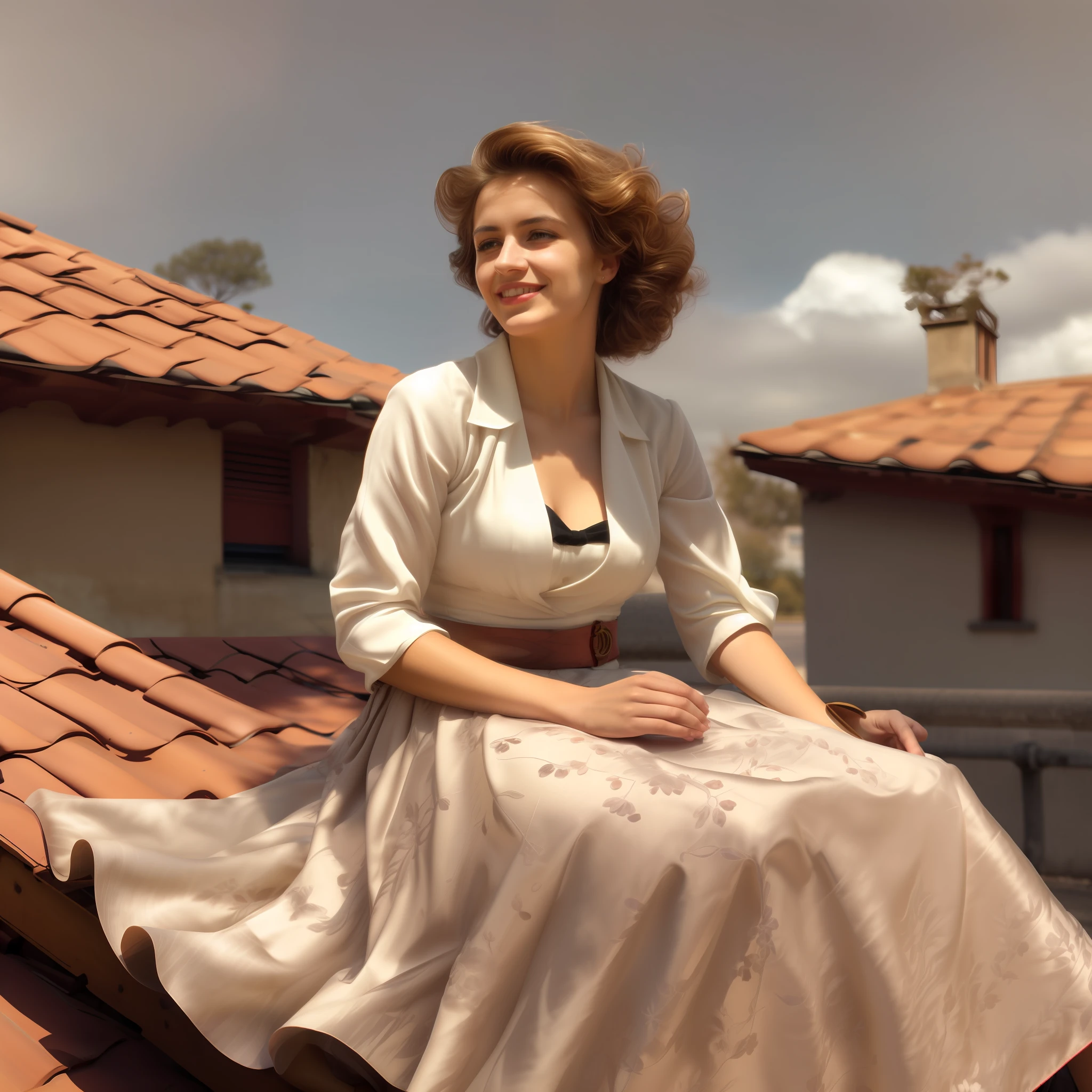 (shy smiling) woman sitting on a roof outside and playing with her skirt and spreading her skirt all over the roof, authentic (kind and tender) good woman wearing a short blazer with a very very detailed (long (fully pleated) full circle skirt) and (simple) low heeled office shoes, very very intricate hyper-detailed symmetric (attractive graceful young feminine face) with (sad, tired eyes and a shy smile), large breasts, full of empathy and compassion and love, (pronounced (feminine) features), (highly detailed ultra accurate realistic) hands and fingers, (windy conditions and wind blowing), epic composition, highly detailed attributes, highly detailed atmosphere, (35mm f1.4 Kodak portra 400 photograph), extremely high quality RAW photograph, detailed background, intricate, Exquisite details and textures,