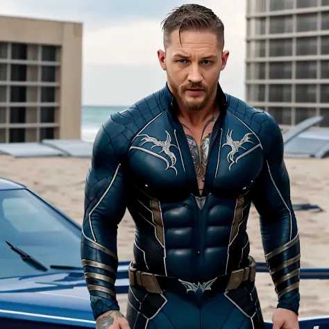 Tom Hardy stood on the roof and looked up at the sky, wearing a beach suit from the Venom movie. --auto
