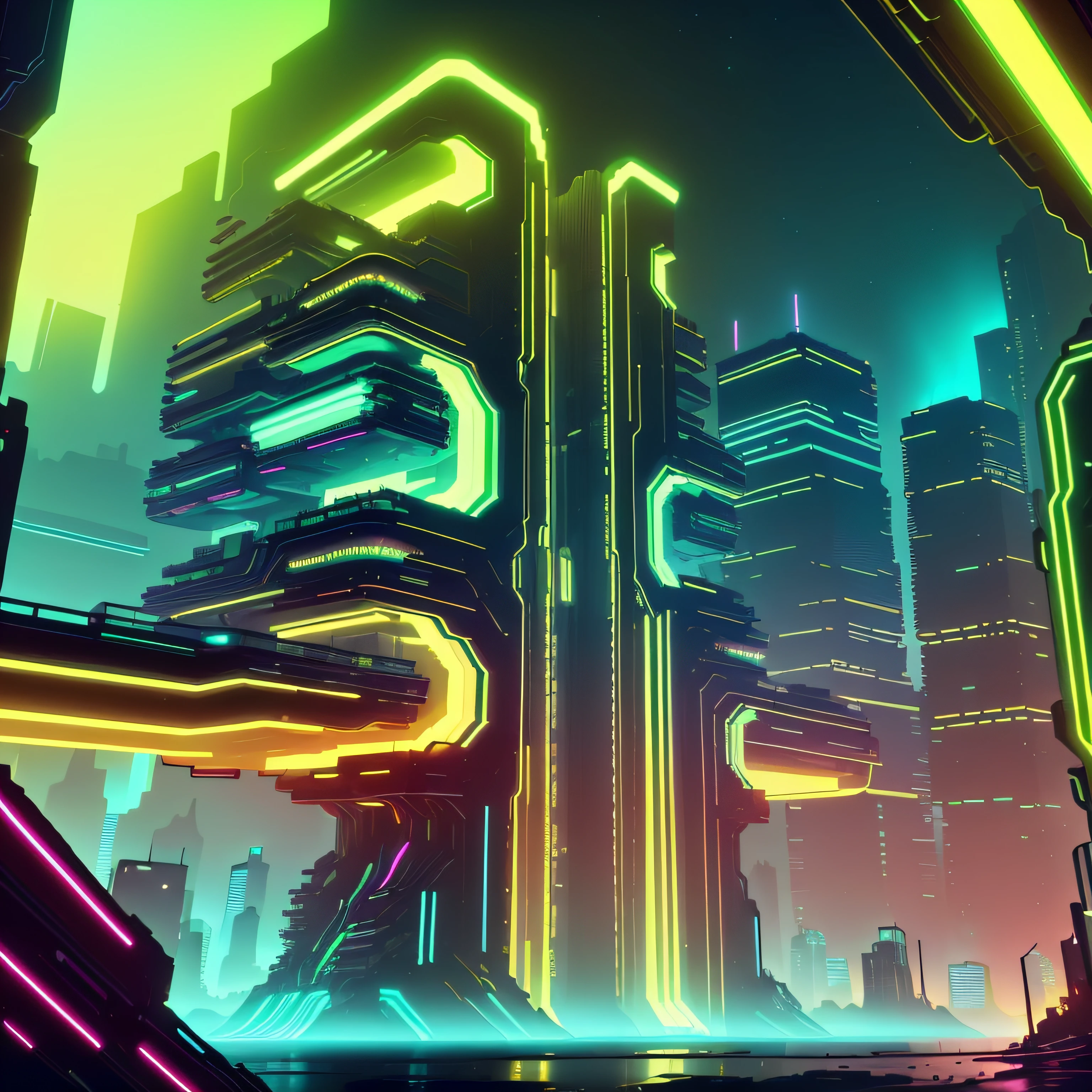 edrinktech, energy drink, florescent  fluid,
city, CyberPunkAI ( | neon } landscape of a cyberpunk utopia, golden hour, dreamy atmosphere, vibe, concept art illustration, color page,