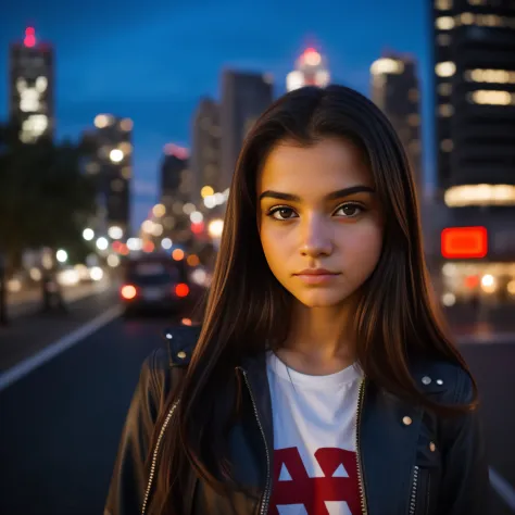 menina bonita de 17 anos,triste com cabelo branco longo, e com grandes olhos azuis bem juntos horizontalmente ao nariz ,rosto co...