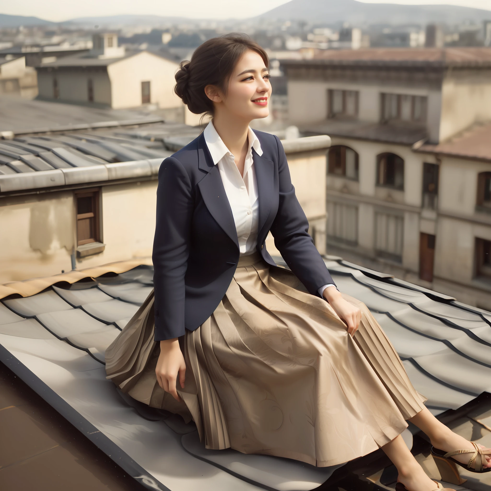 (shy smiling) woman sitting on a roof outside and playing with her skirt and spreading her skirt all over the roof, authentic (kind and tender) good woman wearing a short blazer with a very very detailed (long (fully pleated) full circle skirt) and (simple) low heeled office shoes, very very intricate hyper-detailed symmetric (attractive graceful young feminine face) with (sad, tired eyes and a shy smile), large breasts, full of empathy and compassion and love, (pronounced (feminine) features), (highly detailed ultra accurate realistic) hands and fingers, (windy conditions and wind blowing), epic composition, highly detailed attributes, highly detailed atmosphere, (35mm f1.4 Kodak portra 400 photograph), extremely high quality RAW photograph, detailed background, intricate, Exquisite details and textures,