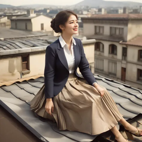 (shy smiling) woman sitting on a roof outside and playing with her skirt and spreading her skirt all over the roof, authentic (k...