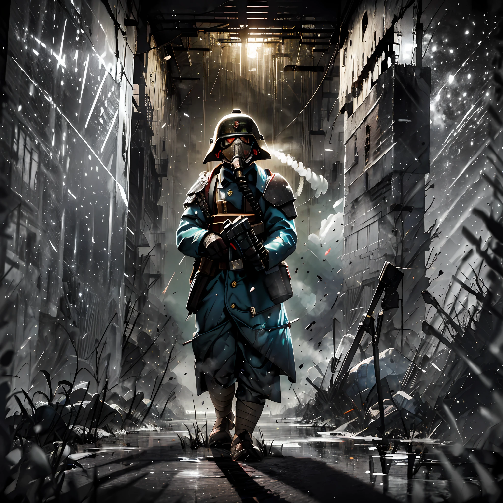 (absurdres, highres, ultra detailed),(Masterpiece, best quality:1.2),1man, leaning against a wall, holding an lmg, destroyed city,mortar craters,dust, battlefield,war,kriegsman, wearing a gas mask, wearing army helmet, surrounded by dead soldiers,dark fantasy,dark atmosphere,(dark)