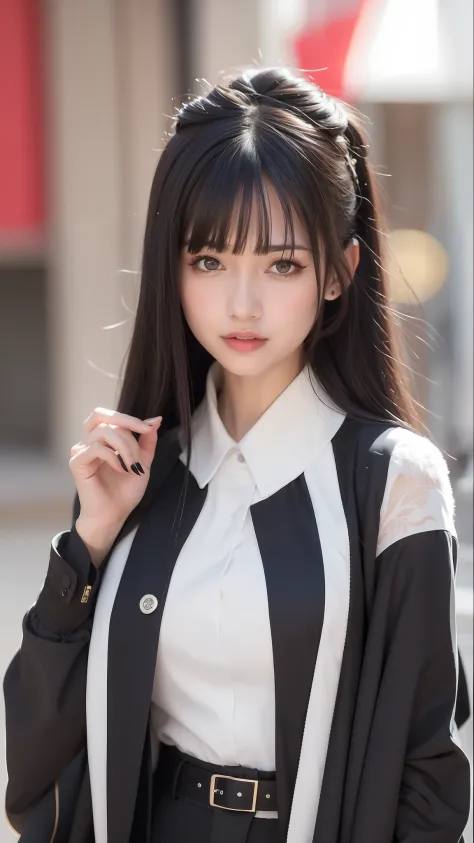 Arad woman with long black hair and black jacket, ulzzangs, She has black hair，By bangs, , Girl with black hair, Guviz-style artwork, Guviz, sui ishida with black hair, white hime cut hairstyle, Long black hair with bangs, Mysterious girl，ssmile