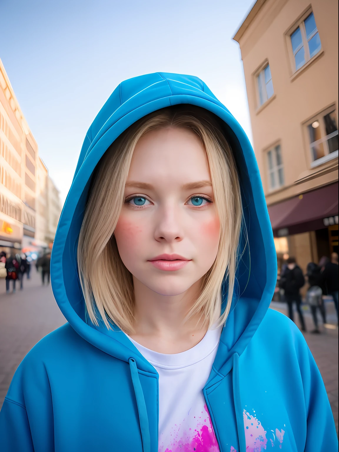 Beautiful american young woman wearing a full-length hoodie, looks at the viewer, Holi Color Festival, European type of appearance, European face, Blue eyes and blonde hair,  against the backdrop of the city, a lot of details, гипердетальный POV, by Lee Jeffries, Nikon D850, Camera roll, 4 Kodak Portra 400, F1 camera lens.6, saturated colors, A hyper-realistic, lifelike texture, spectacular lighting, Cinestill 800,