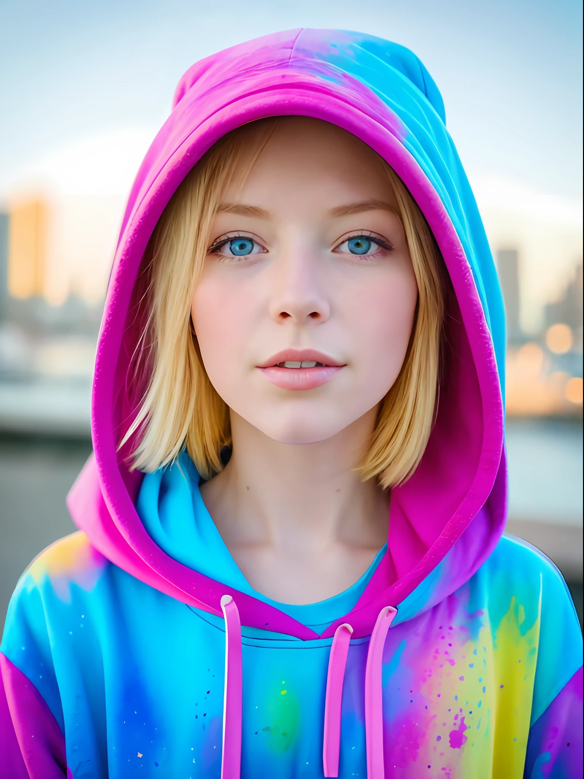 Beautiful young woman in full-length hoodie, looks at the viewer, Holi Color Festival, European type of appearance, European face, Blue eyes and blonde hair,  Against the backdrop of a sunny city, Details, rays of sunshine, гипердетальный POV, by Lee Jeffries, Nikon D850, Camera roll, 4 Kodak Portra 400, F1 camera lens.6, saturated colors, A hyper-realistic, lifelike texture, spectacular lighting, Cinestill 800,