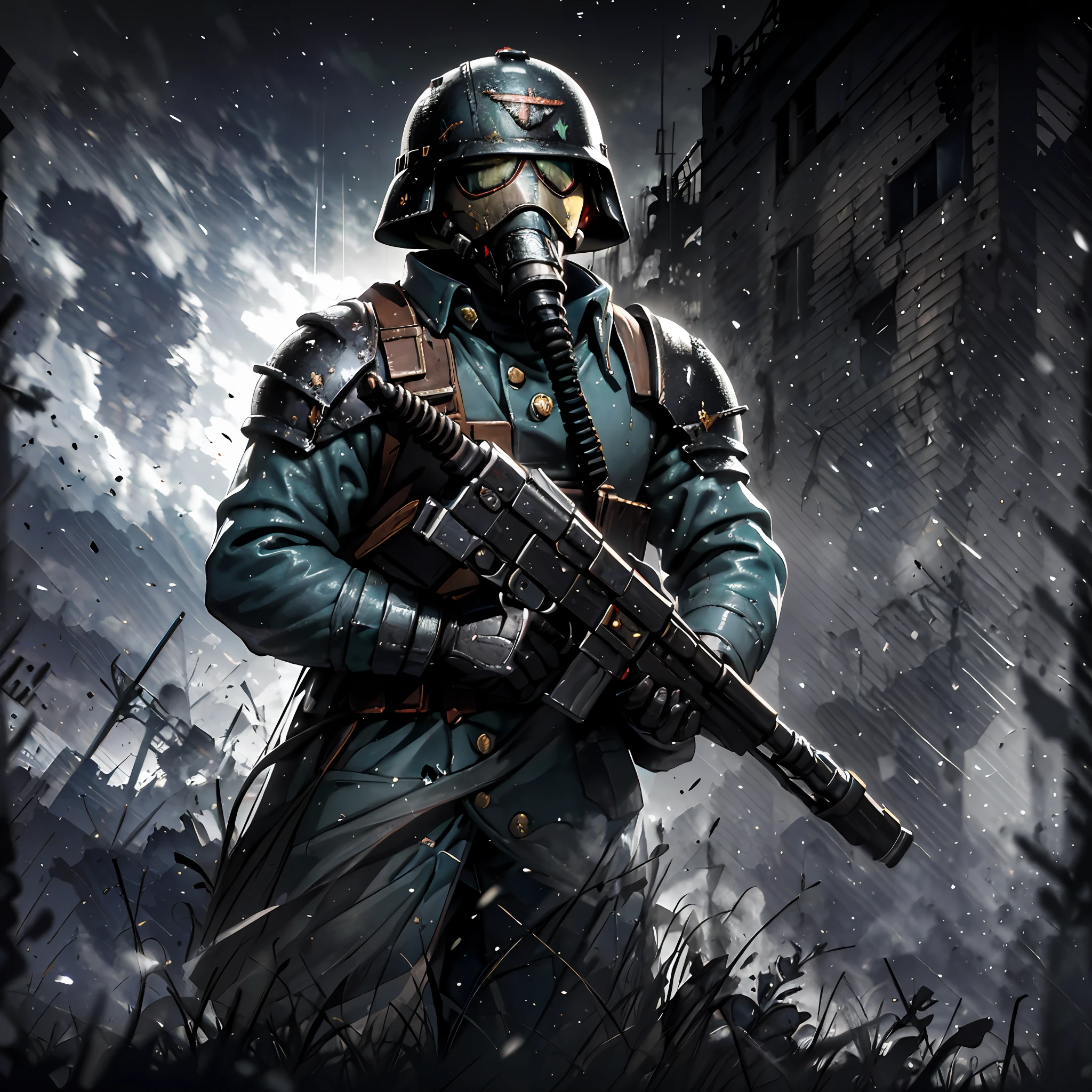 (absurdres, highres, ultra detailed),(Masterpiece, best quality:1.2),1man, leaning against a wall, holding an lmg, destroyed city,mortar craters,dust, battlefield,war,kriegsman, wearing a gas mask, wearing army helmet, surrounded by dead soldiers,dark fantasy,dark atmosphere,(dark),grin, Warhammer 40k