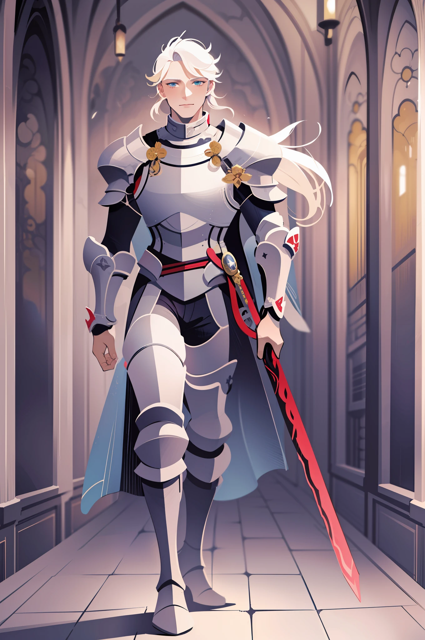 knight, young men, sword holding , schield holding, angel, silver hair, blue eyes, portrait, 1character, full body muscular male, boots, walking