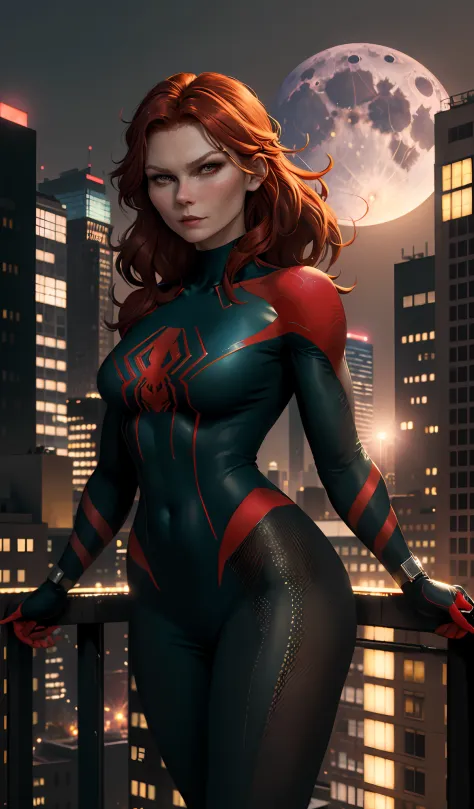 ((young Kirsten Dunst)), (Mary Jane Watson), (Masterpiece, 4k resolution, ultra-realistic, very detailed), (black superhero theme, charismatic, on top of town, wearing Spider-Man costume, she's a superhero), [ ((25 years), (long red hair:1.2), full body, (...