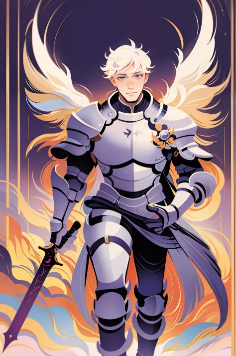 knight, young men, sword holding , schield holding, angel, silver hair, blue eyes, portrait, 1character, full body muscular male...