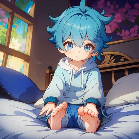4K), Cute 7 year old little boy with small feet and short legs with light blue hair and barefoot and tight tight white sweatpant...